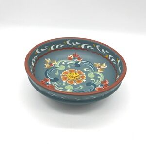 Vintage Rosemaling Hand Painted Wooden Bowl Teal Blue Scandinavian Folk Art 8in